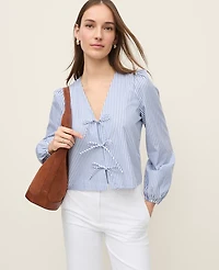 Ann Taylor Striped Tie Front Blouse Cool Cascades Women's