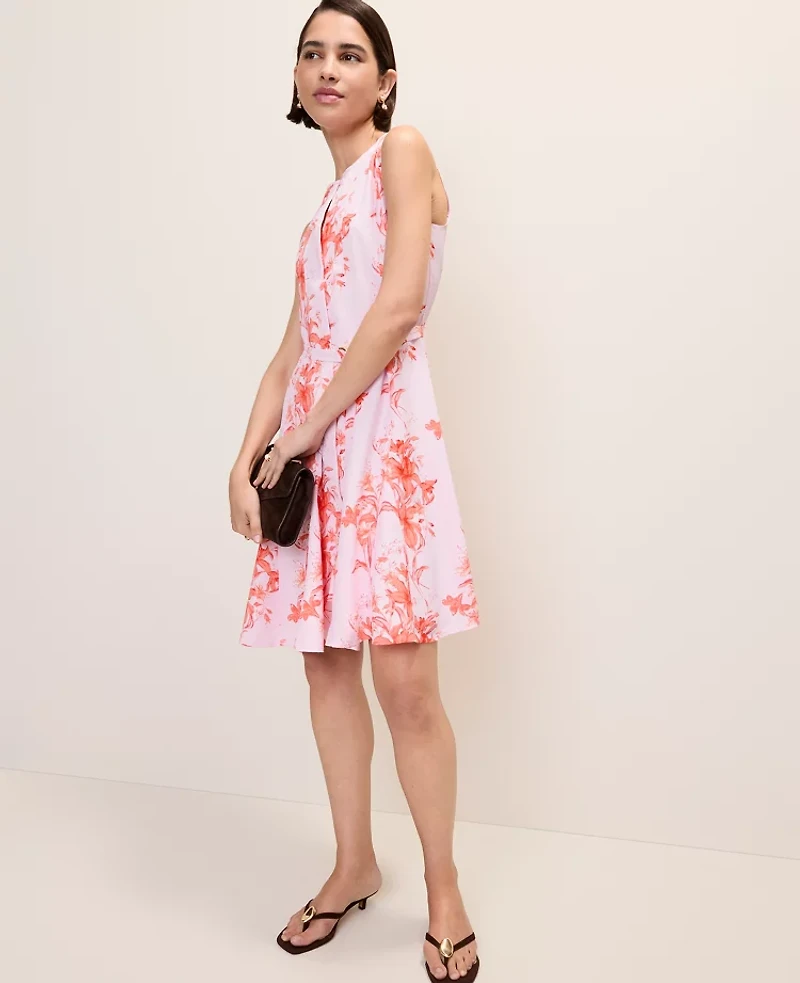 Ann Taylor Petite Floral Belted Flare Dress Aperol Women's