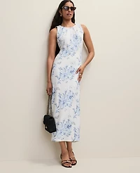 Ann Taylor Petite Floral Shirred Tank Top White-Blue Women's