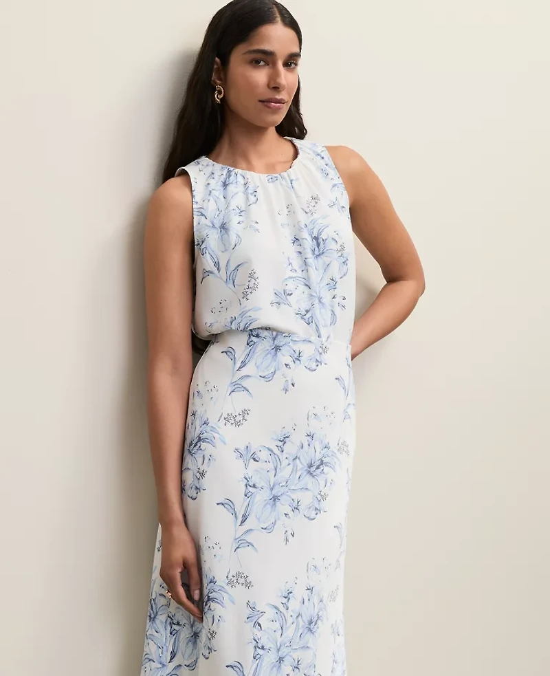 Ann Taylor Petite Floral Shirred Tank Top White-Blue Women's