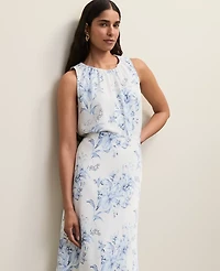 Ann Taylor Petite Floral Shirred Tank Top White-Blue Women's
