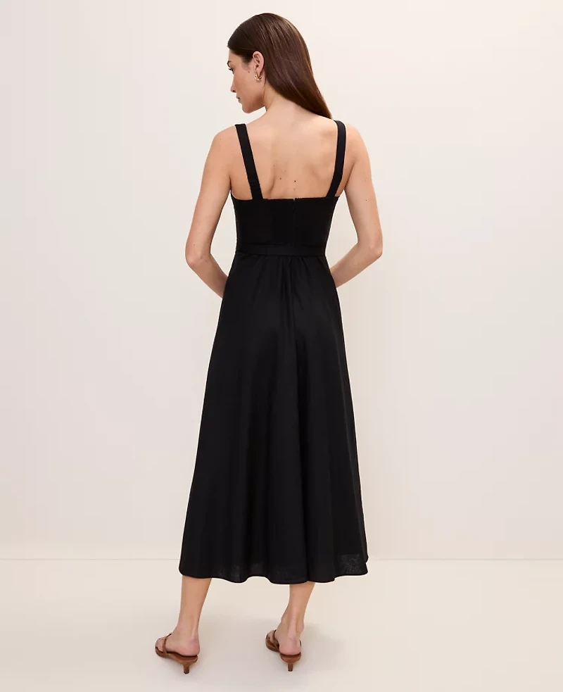 Ann Taylor Belted Linen Blend Midi Dress Black Women's