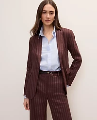 Ann Taylor The Petite Long One Button Blazer Linen Blend Pinstripe Rich Walnut Women's