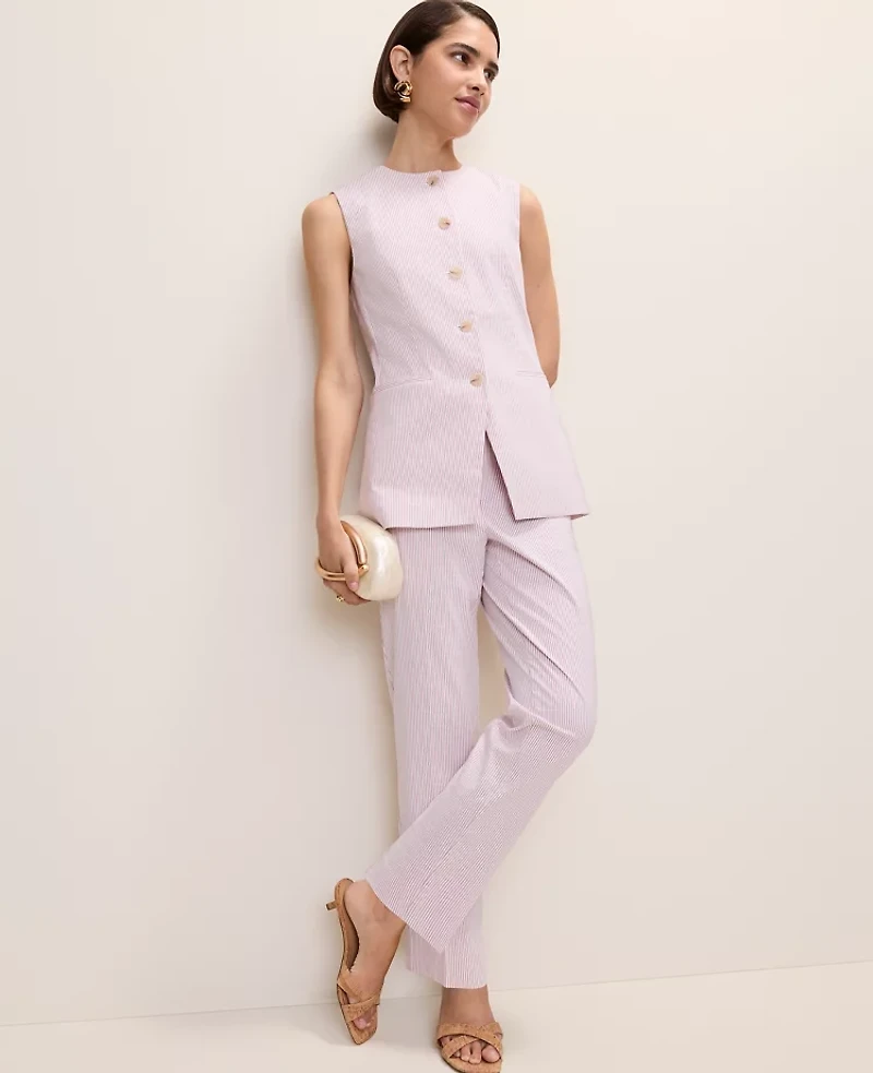 Ann Taylor The Petite Long Crew Neck Vest Seersucker Pink/White Combo Women's