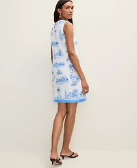 Ann Taylor Petite Weekend Toile Linen Blend Shift Dress Wave Pool Women's