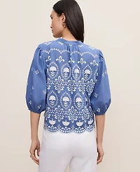 Ann Taylor Petite Embroidered Puff Sleeve Blouse Ocean Oasis Women's