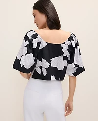 Ann Taylor Floral Puff Sleeve Top Black Women's
