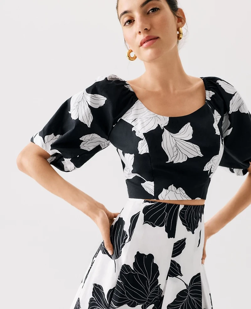 Ann Taylor Floral Puff Sleeve Top Black Women's