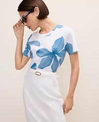Ann Taylor Floral Crew Neck T-Shirt Blue Women's