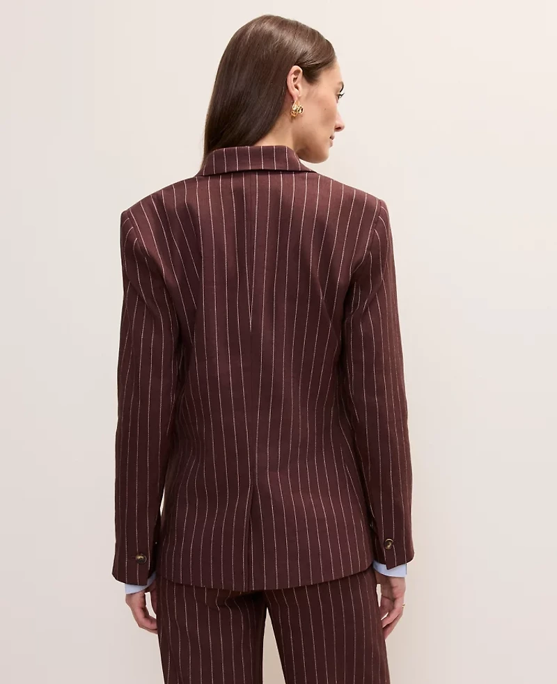 Ann Taylor The Long One Button Blazer Linen Blend Pinstripe Rich Walnut Women's