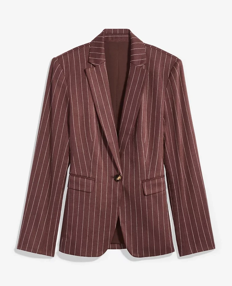 Ann Taylor The Pinstripe Long One Button Blazer Linen Blend Rich Walnut Women's
