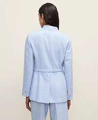 Ann Taylor The Petite Collarless Belted Blazer Windowpane Blue/Neutral Women's