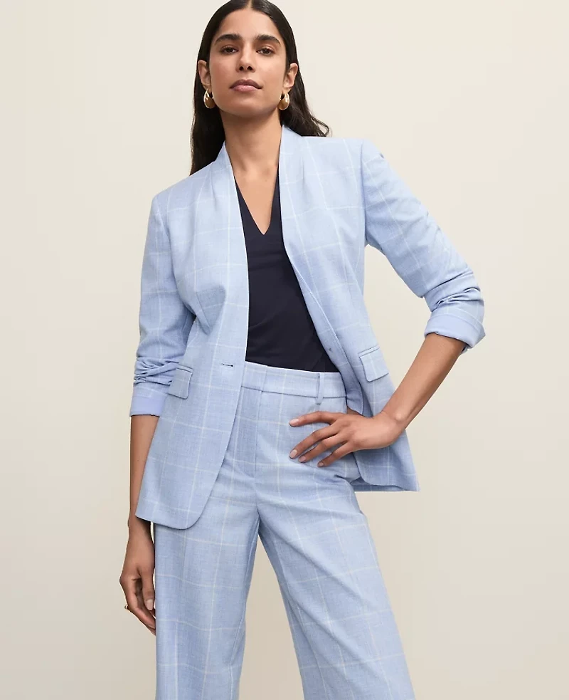 Ann Taylor The Petite Collarless Belted Blazer Windowpane Blue/Neutral Women's