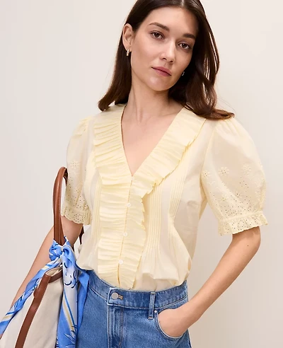 Ann Taylor Petite Weekend Eyelet Ruffle Trim Blouse Women's