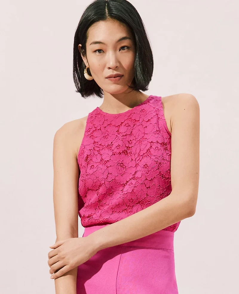 Ann Taylor Lace Crew Neck Halter Top Bright Magenta Flower Women's
