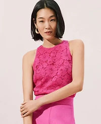 Ann Taylor Lace Crew Neck Halter Top Bright Magenta Flower Women's