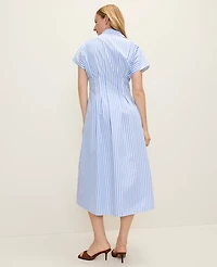Ann Taylor Petite Weekend Striped Pleated Midi Shirtdress White Blue Women's
