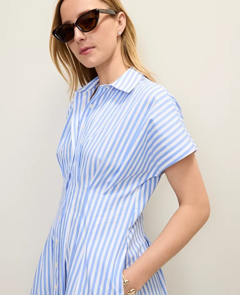 Ann Taylor Petite Weekend Striped Pleated Midi Shirtdress White Blue Women's