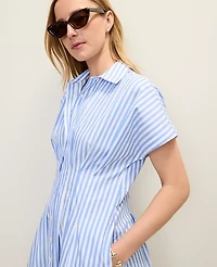 Ann Taylor Petite Weekend Striped Pleated Midi Shirtdress White Blue Women's