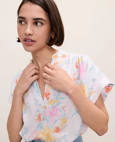 Ann Taylor Petite Floral Linen Blend Split Neck Blouse Women's
