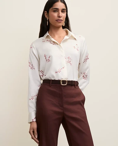 Ann Taylor Petite Floral Satin Essential Shirt Winter White Women's