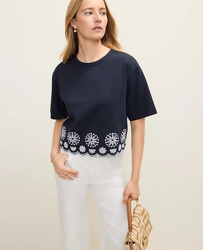 Ann Taylor Petite Weekend Embroidered Elbow Sleeve T-Shirt Night Sky Women's