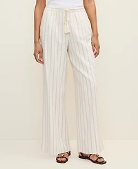 Ann Taylor Petite Weekend Striped Easy Fit On Wide-Leg Pant Linen Blend Ocean Oasis Women's
