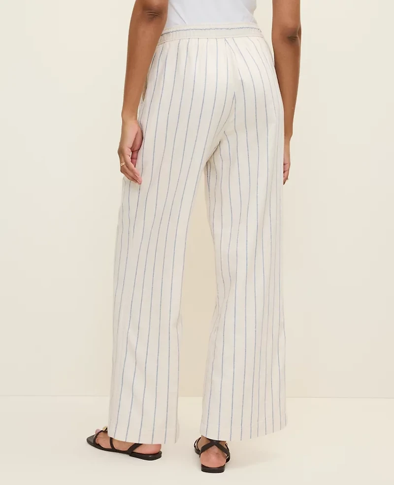 Ann Taylor Petite Weekend Striped Easy Fit On Wide-Leg Pant Linen Blend Ocean Oasis Women's