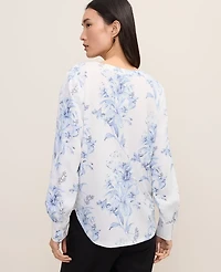 Ann Taylor Floral Mixed Media Pleat Front Top White-Blue Women's