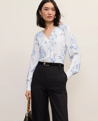 Ann Taylor Floral Mixed Media Pleat Front Top White-Blue Women's