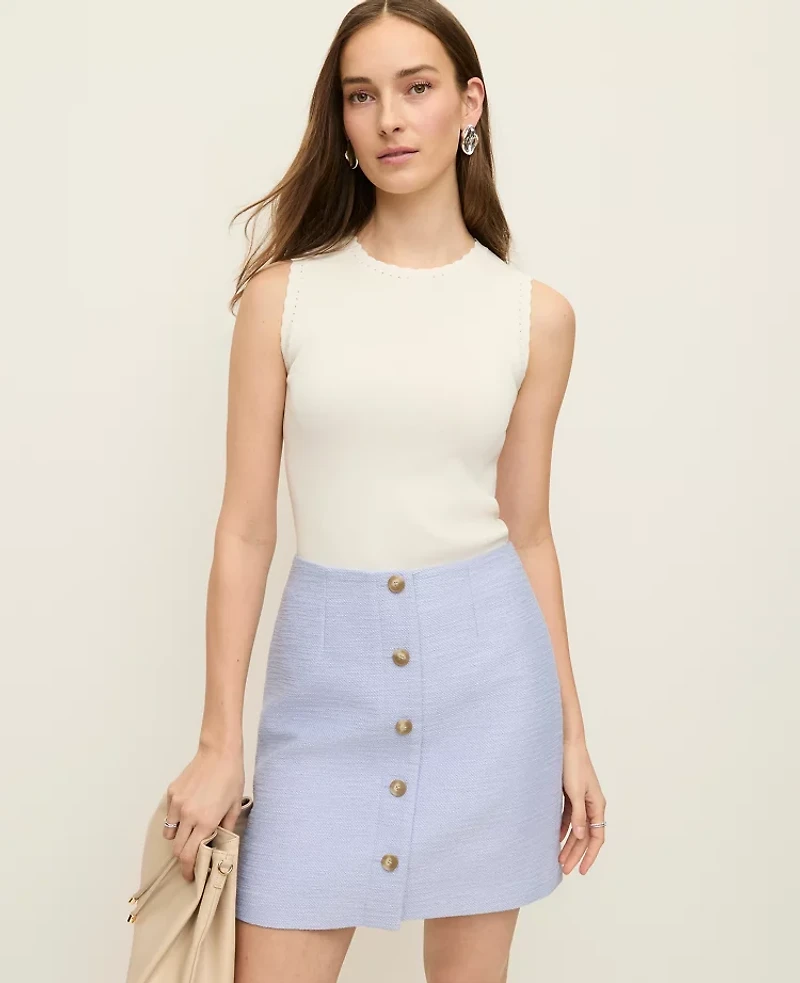 Ann Taylor Petite Tweed Button Front Skirt Blue Hydrangea Women's
