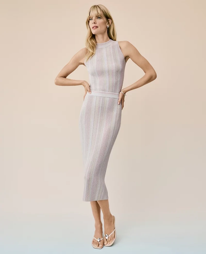 Ann Taylor Petite Striped Metallic Midi Sweater Skirt Rose Veil Women's