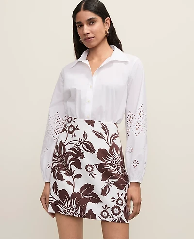 Ann Taylor Petite Floral Linen Blend A-Line Skirt Size 16 Rich Walnut Women's