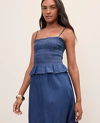 Ann Taylor Weekend Smocked Ruffle Trim Tank Top Medium Wash Women's