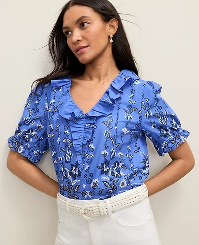 Ann Taylor Petite Weekend Floral Ruffle Trim Blouse B Dream Blue Women's