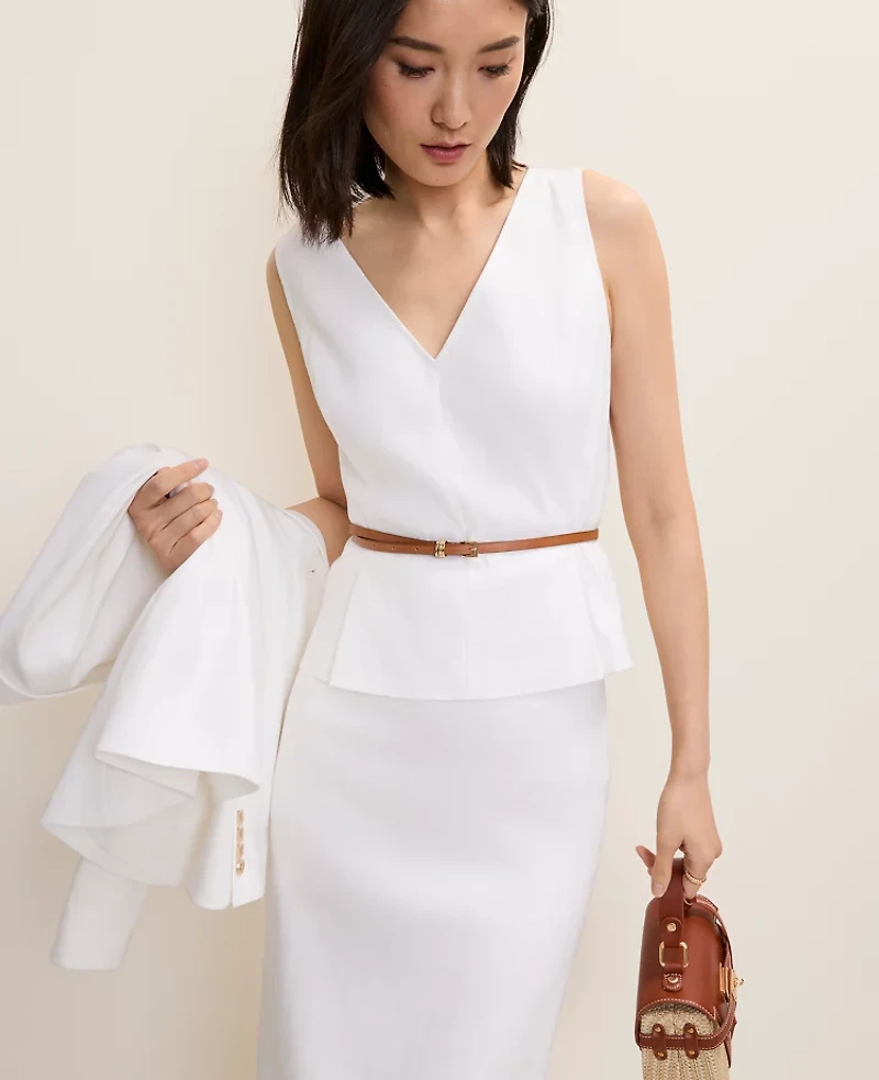 Ann Taylor Petite V-Neck Peplum Top Linen Blend White Women's