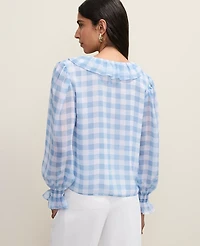 Ann Taylor Petite Gingham Ruffle Trim Blouse Sea Haze Women's