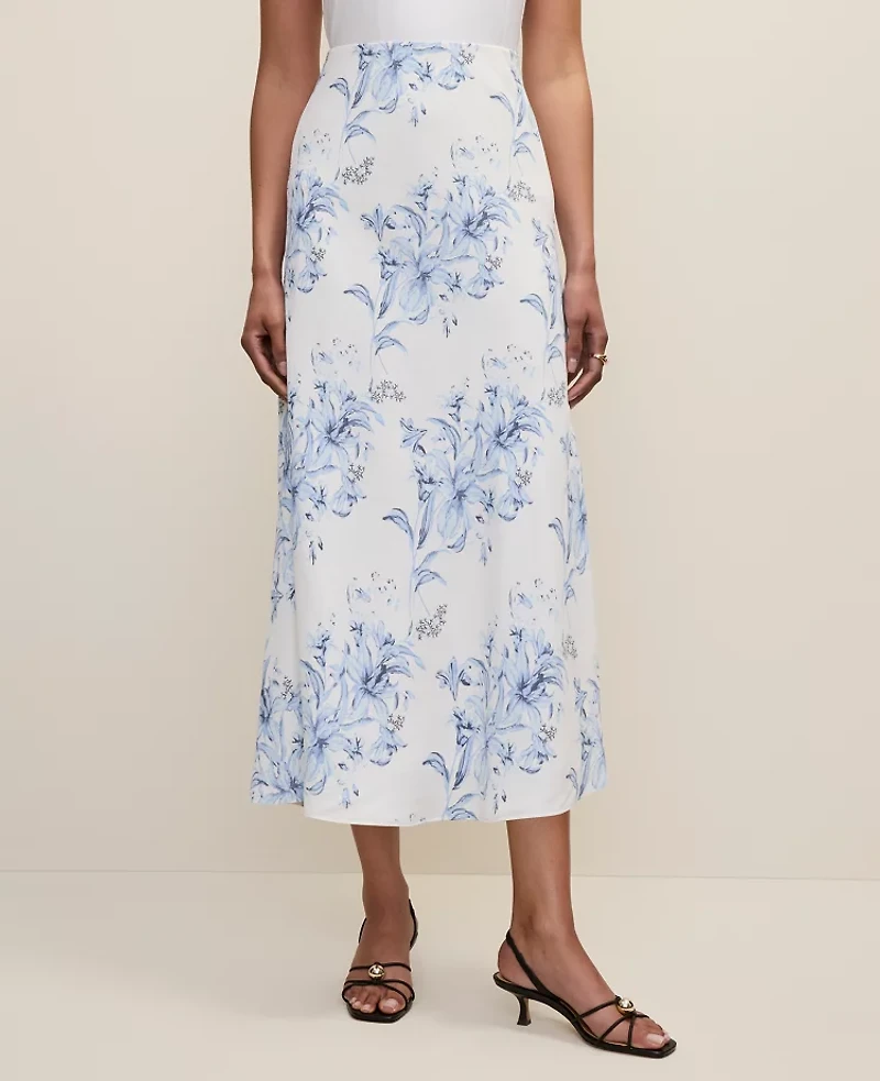 Ann Taylor Petite Floral Bias Midi Slip Skirt White-Blue Women's