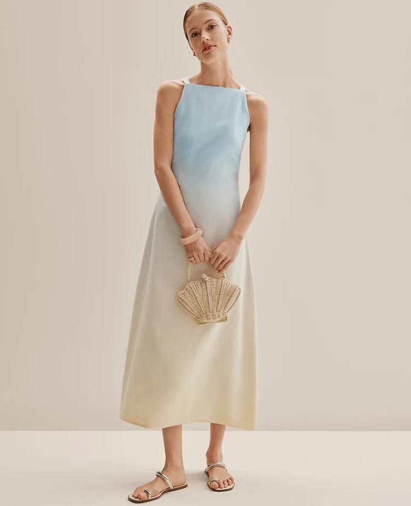 Ann Taylor Weekend Ombré Linen Blend Midi Dress Yellow-Blue Women's
