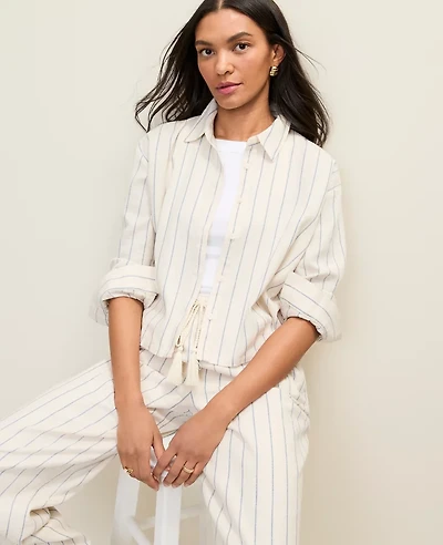 Ann Taylor Petite Striped Linen Button Down Shirt Ocean Oasis Women's