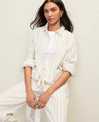 Ann Taylor Petite Striped Linen Button Down Shirt Ocean Oasis Women's