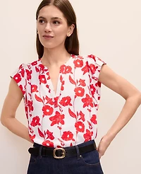 Ann Taylor Mixed Media Floral Flutter Sleeve Top Bright Cherry Women's