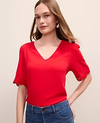 Ann Taylor Petite Embroidered Mixed Media Top Bright Cherry Women's
