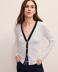 Ann Taylor Scalloped V-Neck Cardigan Ivory/Navy Multi Women's