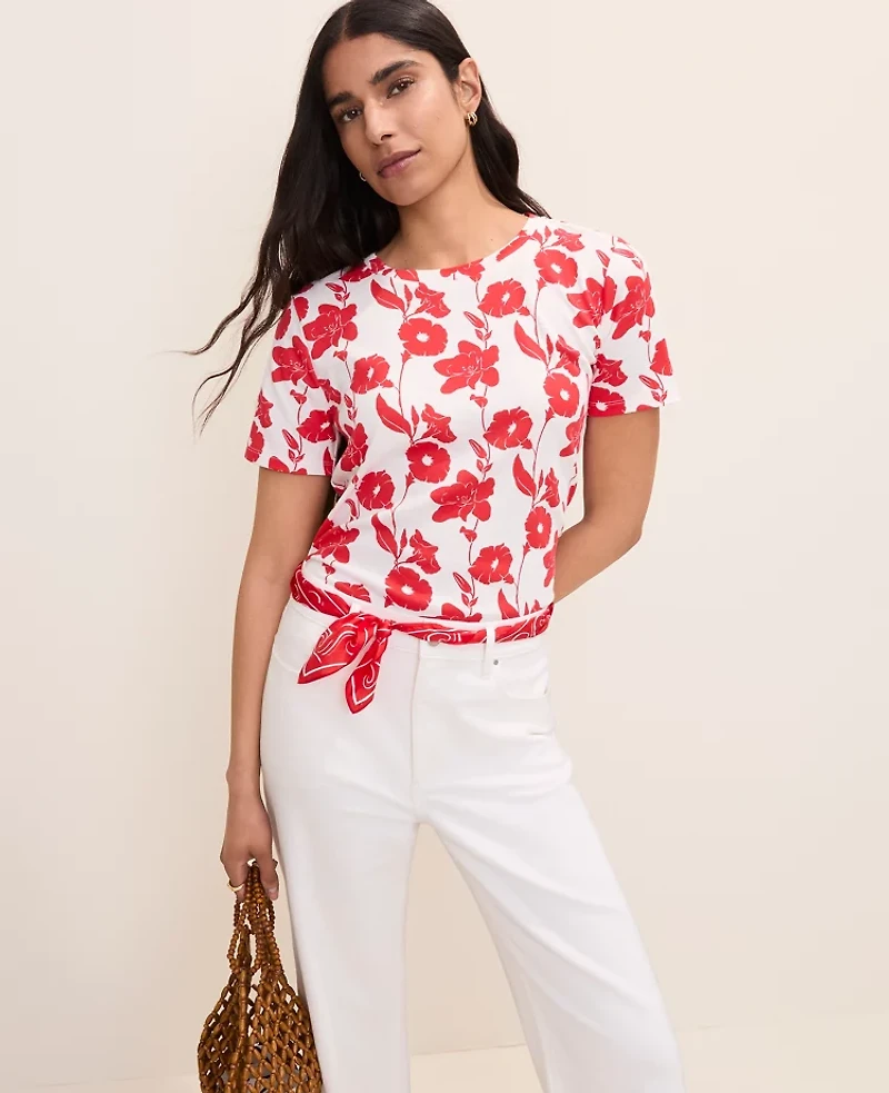 Ann Taylor Floral Crew Neck T-Shirt Bright Cherry Women's