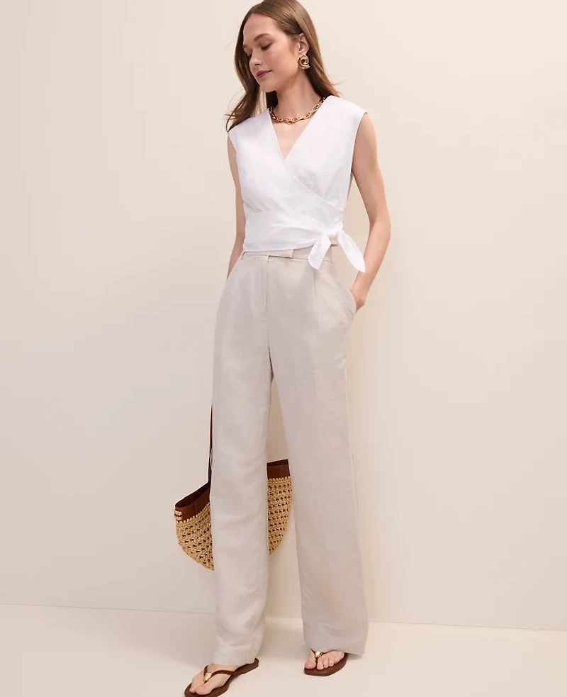 Ann Taylor The Pleated Straight Pant Linen Blend Natural Flax Women's