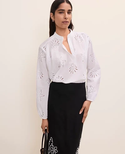 Ann Taylor Petite Eyelet V-Neck Popover Top White 9000 Women's