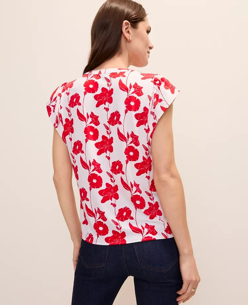Ann Taylor Petite Mixed Media Floral Flutter Sleeve Top Bright Cherry Women's