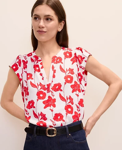 Ann Taylor Petite Mixed Media Floral Flutter Sleeve Top Bright Cherry Women's