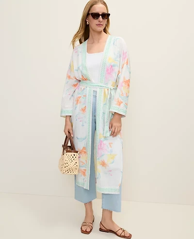 Ann Taylor Floral Belted Kimono White Women's